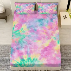 3Pcs Pastel Tie-dye Rainbow Fitted sheet Three Piece Set (1*Fitted Sheet+2*Pillowcases, Coreless), Spring theme, Colorful Bedding Set, Mattress protector Soft, Breathable