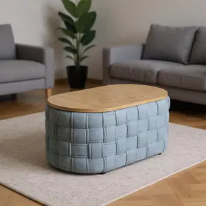 212 MAIN 41 in. Contemporary Natural & Blue Wood & Fabric Oval Outdoor Coffee Table - Outdoor Patio Furniture, Basketweave Design, Solid Drum Base, Ready to Assemble, Room Decor
