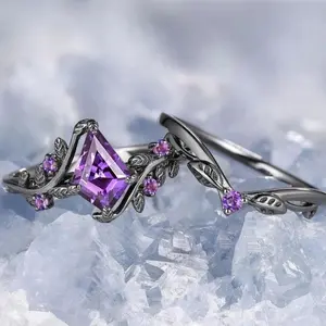 2Pcs/Set Fashion Irregular-Shaped Cubic Zirconia Ring Gothic Stackable Couple Ring Purple Black Metal Ring Gifts