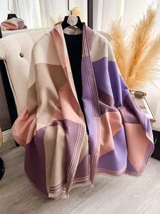 Women's Soft Geometric Patchwork Textured Blanket Scarf, Faux Wool Shawl for Fall & Winter, Casual Woven Fabric, Warm Daily Wear Accessory