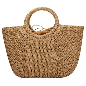Straw Large Hobo Bag for Women Round Handle Ring Toto Retro Summer Beach Straw Bag