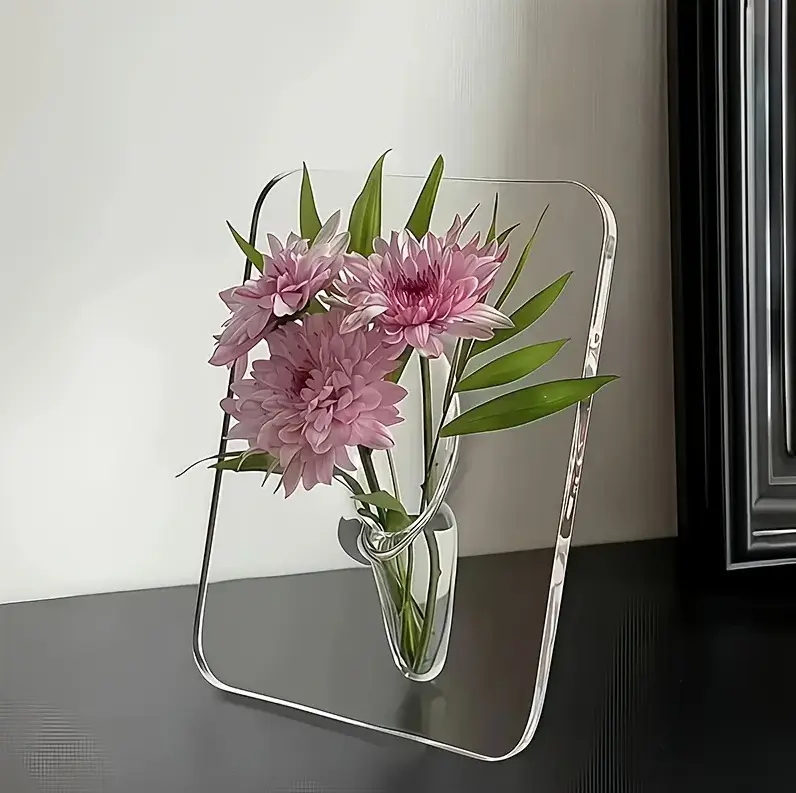 Modern Acrylic Flower Arrangement Vase - Clear Rectangular Design with Intricate Frame-Like Structure, Elegant Decorative for Home & Office Table Decor, Perfect Gift for Easter, Mother'S Day, Friends, Boyfriend, Girlfriend, Cute Vases Decoration