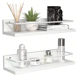 2 Pack White Floating Shelves With Metal Guardrail, Modern Wall Mounted Storage Shelves For Home Decor, Decorative Wall Shelf Organizer For Bathroom, Bedroom, Kitchen, Living Room, Sturdy Wall Display Shelves For Cosmetics, Books And Small Items
