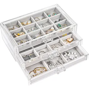 Lolalet Earring Holder Organizer Jewelry Box with 3 Drawers, Acrylic Clear Earring Case with Adjustable Velvet Trays for Women Slide