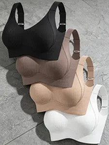4-Pack Elegant Solid Color Bras for Women, Comfortable Knit Wireless Bra with Soft Support and Non-Removable Pads, Medium Support, Wide Straps