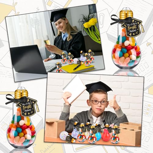 36/48 Pcs Graduation Cap Candy Jars, Graduation Gifts Class of 2026 Plastic Light Bulb Jars with Graduation Cards, Bear Candy Jar with Graduation Cap with Tassel Grad Container Drinking Cups Fillable Drink Graduation Decoration Treat Grad Party Supplies