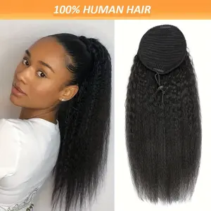 2025 NEW Fashion [Yaki Straight Ponytail Hair] Brazilian Natural Black Yaki Straight Ponytail Hairpiece - Kinky Straight Drawstring Human Hair Extension