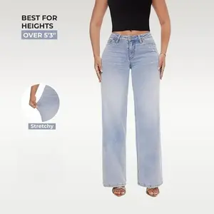 Women Mid-low Rise Wide Leg Jeans Distressed Denim Pants Light Blue/Dark Blue Womenswear Bottom  8001 Lady Basic Minimalist Trouser