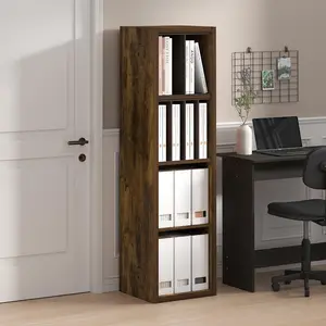 Modern 4-Cube Vertical Bookshelf Book Rack - Thick-Frame, Reversible, Open-Back Composite Wood Cubicle, 14.6x15.9x58in, for Living Room, Home Office, Amber Pine
