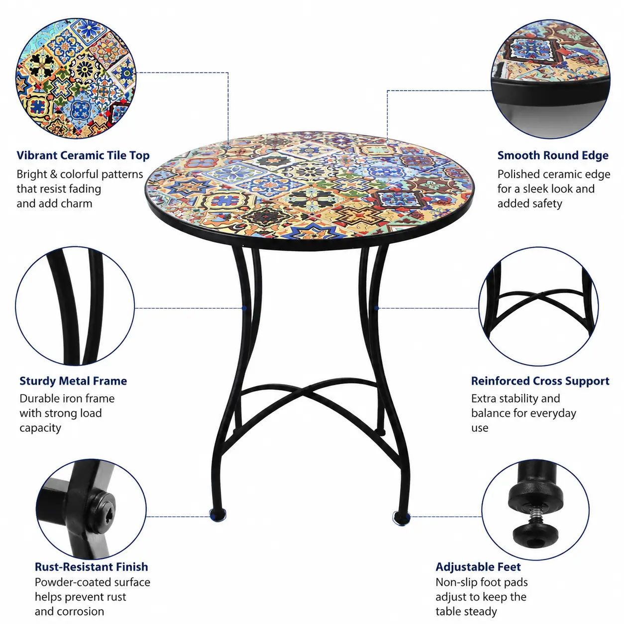 Vibrant Ceramic Mosaic Round Patio Side Table - Rustproof Metal Frame, Adjustable ft, Weatherproof Decor for Garden, Porch & Indoor Living Room