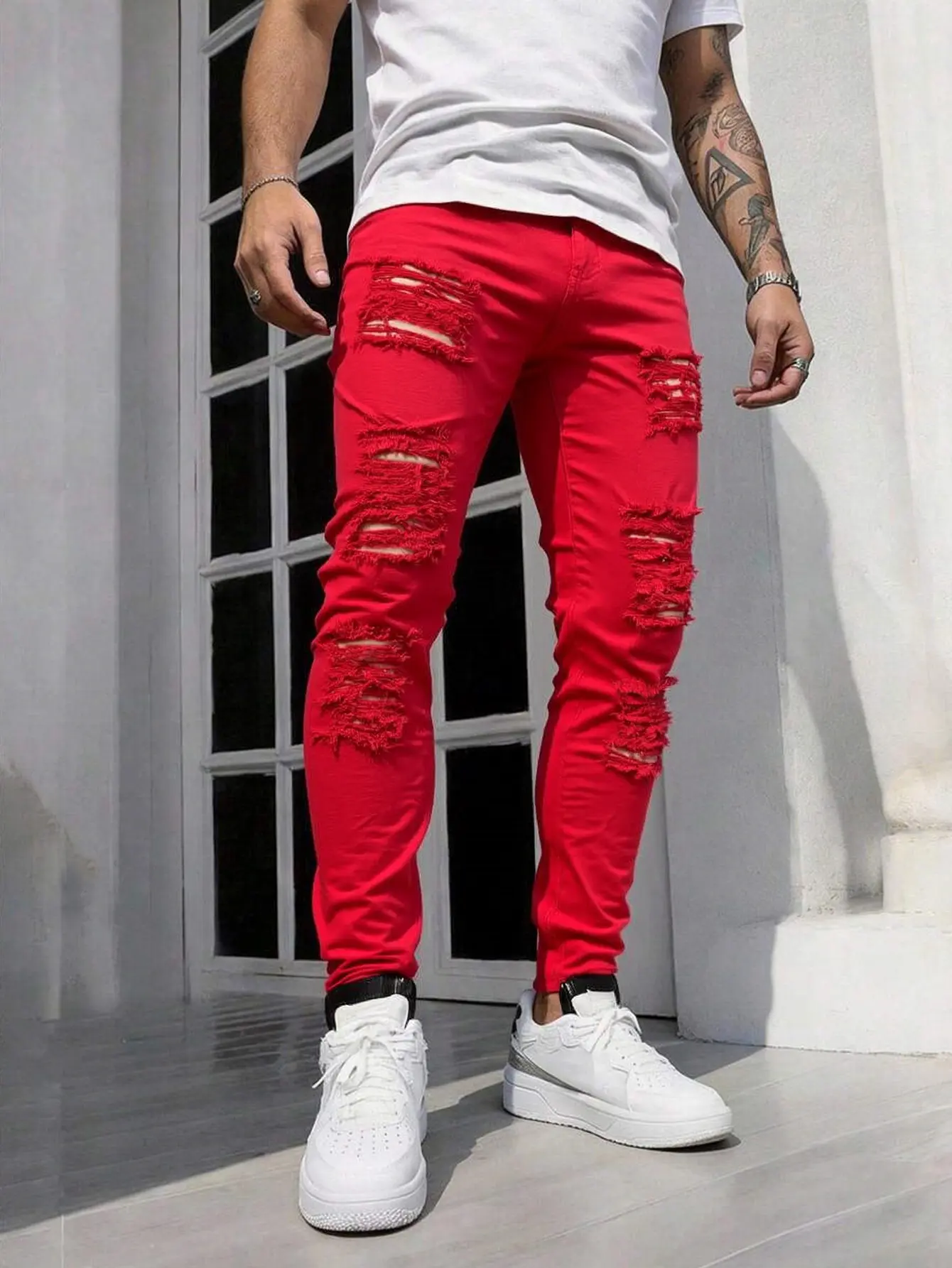 Men's Red Slim-Fit Straight Jeans, Ripped Stretch Denim Trousers for All Seasons Casual Streetwear, Slim Fit Trousers, Machine Washable, Plain