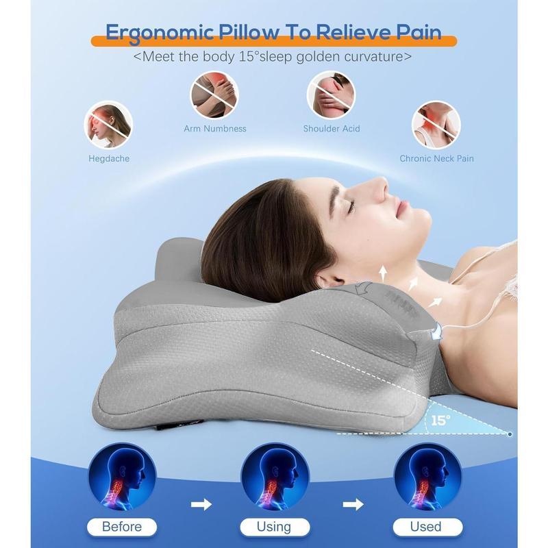 Cervical Neck Pillow Memory Foam True Cooling Ergonomic Support for Side Back Sleepers Adjustable Ice-Silk Leather Case Breathable Core Comfortable