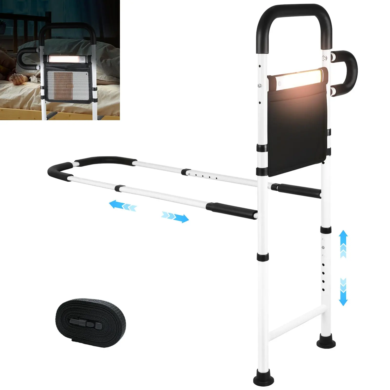 ZEX014-V4-Bed Rails for Elderly Adults Safety with Motion Sensor LED Light - Adjustable Bed Assist Rails for Full Size, Portable Bed Cane for Seniors with Storage Pocket, Hold Up to 330 Lbs