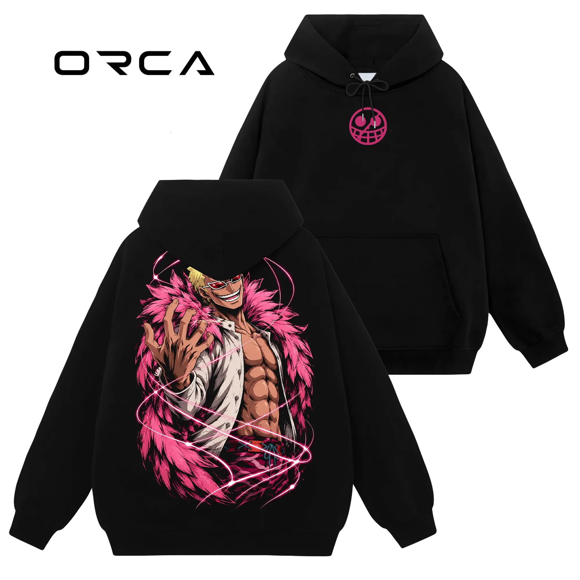 [Orca Fashion] Unisex Doflamingo #28 Long Sleeve Hoodie - 90s Retro Vintage Cotton Graphic, Loose-Fitting, Drawstring, Cold/Machine Washable, Anime Manga Y2K Streetwear, Casual Gift For Wibu, All Seasons