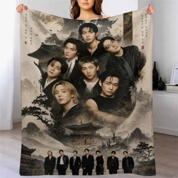 Kpop Members Photo Collage Flannel Throw Blanket, Korean Style Vintage Portrait & Landscape Art Plush Blanket, Soft Cozy Cover for Sofa Bed Couch, Fan Room Decor Ideal Gift