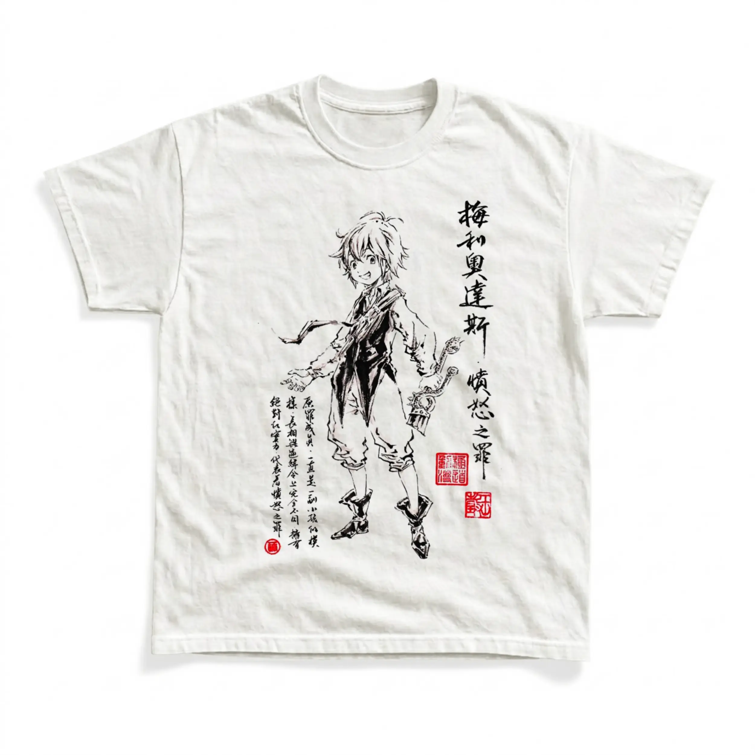 Gildan Men's and Women's T-Shirt, Vintage The Seven Deadly Sins Graphic Tee, Y2K Grunge Streetwear Shirt, Meliodas Anime Tops, Japanese Sumi-e Ink Calligraphy Apparel, Otaku Manga Clothes, Vintage Fashion Gift Tees, Premium Cotton Menswear