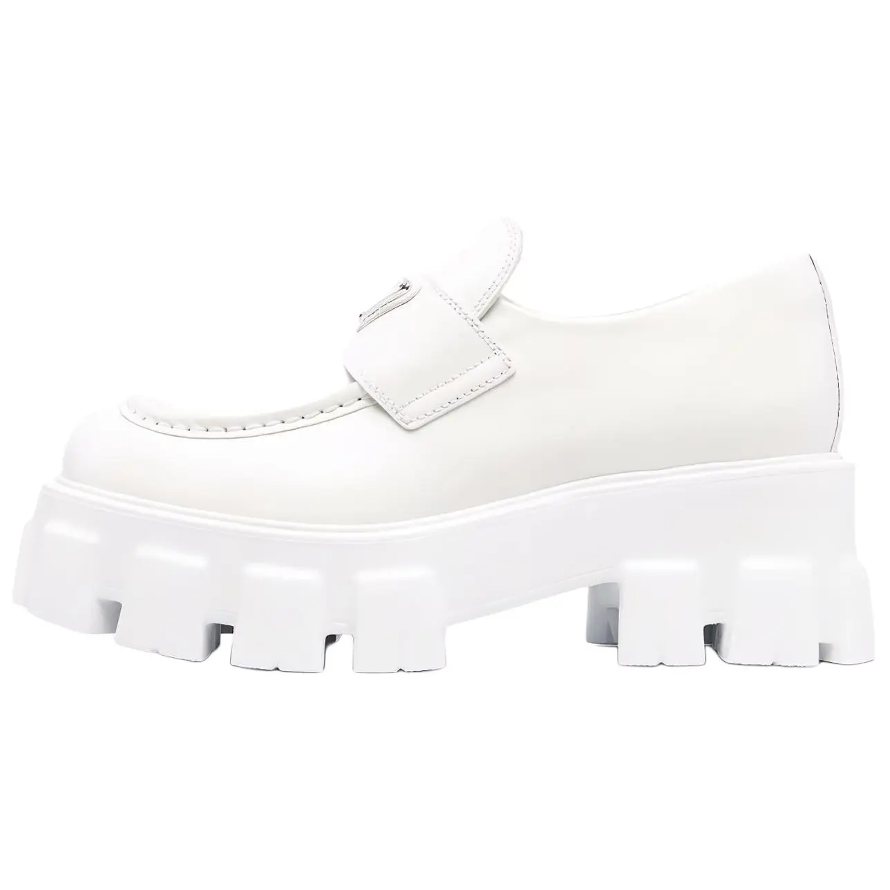 Women's PRADA Monolith Triangle Logo-Embellished Round-Toe Rubber Platform Footwear, White Flats