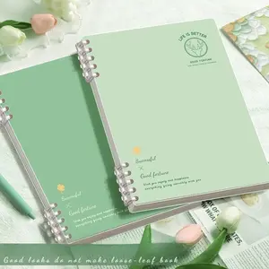 Aesthetic green notebook with refillable loose leaf binding, available in A5 and B5 sizes, clean cover and smooth paper for daily notes, journaling and planning, perfect for calm workspace and focused study sessions
