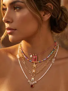 5-Piece Boho Necklace Set, Island Vacation Style, Starfish Pendant, Beaded Braided Necklaces, Layered Jewelry, Fashion Accessory