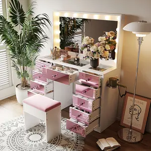 Eyisean 41.7" Makeup Vanity with 15 Hollywood Bulbs, 3Color Lighting Modes Adjustable Brightness, Dressing Table with Visual Glass Top and 11 Drawers, Vanity Desk Set with Cushioned Stool