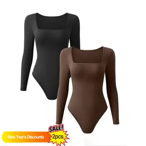 Trendy Ribbed Bodysuits for Women - 2 Pack Long Sleeve Tops Fashion Square Neckline - Body-Hugging Fit - Soft Stretchy Material - Essential Wardrobe Staple for Every Season