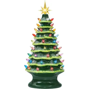 2025 Newest 16.5" Table Top Christmas Tree, Hand Painted Resin Christmas Tree with Lights, Pre-lit Xmas Tree Decor Lighted Tabletop Decoration with Multicolored LED Bulbs, Ceramic-Like Finish