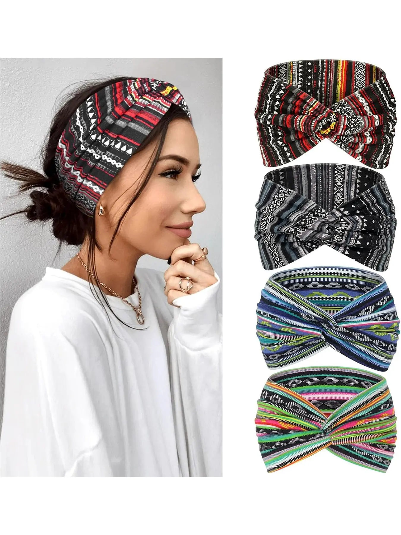 Bohemian Style Hair Accessories Set, Soft Fabric Twist Knot Headscarves, Knotted Headband & Wide Elastic Bands, Ideal for Girls & Adults All Seasons Wear, Boho Headbands, Fashion Headbands, Headbands Women