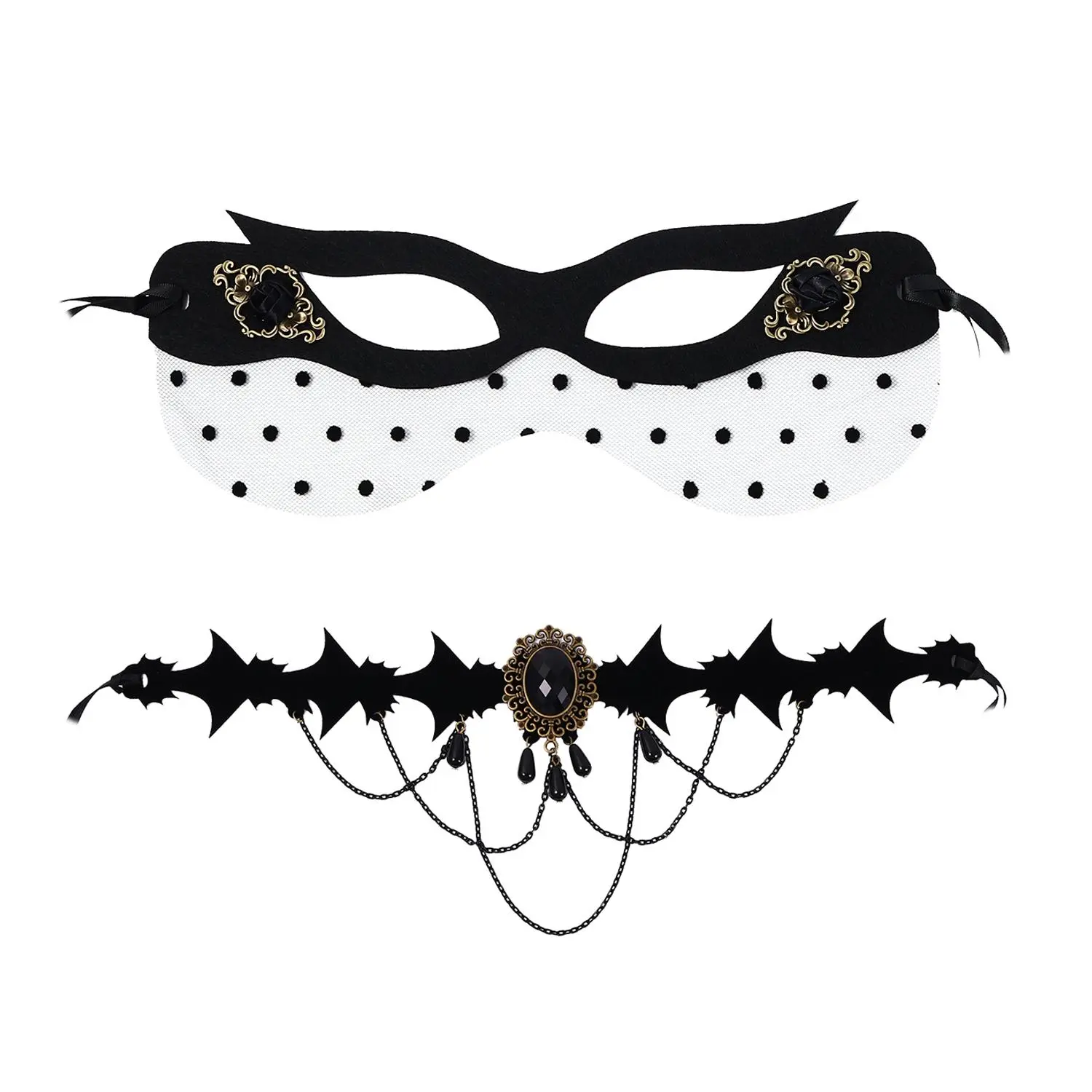 OIDEA Women's 2-Piece Masquerade Mask Set - Felt Half-Face Masks with Gothic Choker, Adjustable Ribbon Ties, Lightweight Accessory for Halloween Costume Cosplay
