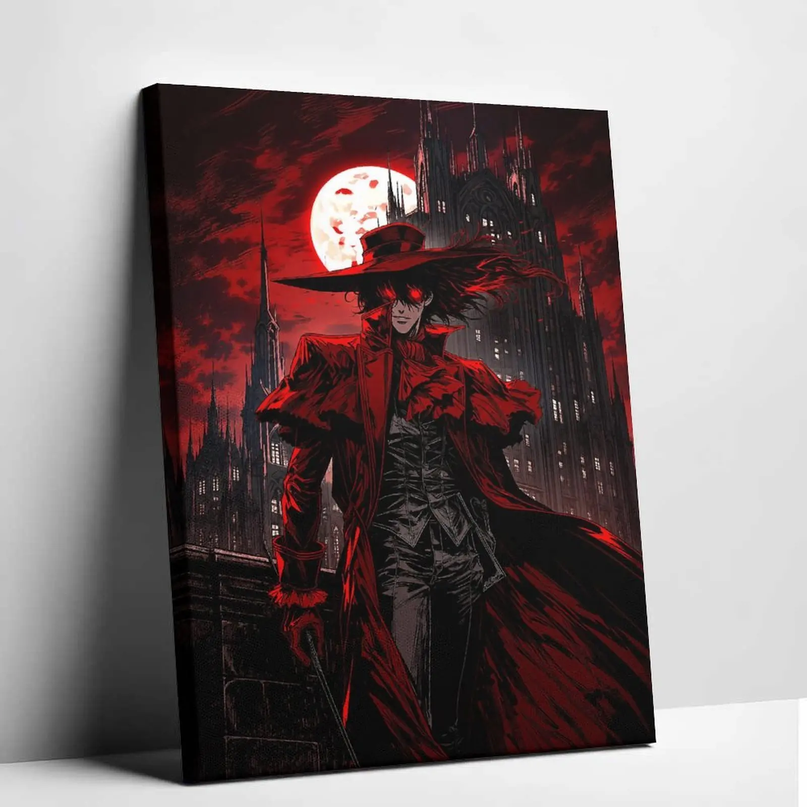 Hellsing Alucard Anime Canvas Wall Art Poster Print - Vampire Red Coat, Vintage Manga, Gothic Castle, Blood Moon Design - Art Wall Decor, Artwork Painting, Artwork for Bedroom (Living Room Studio Decor)