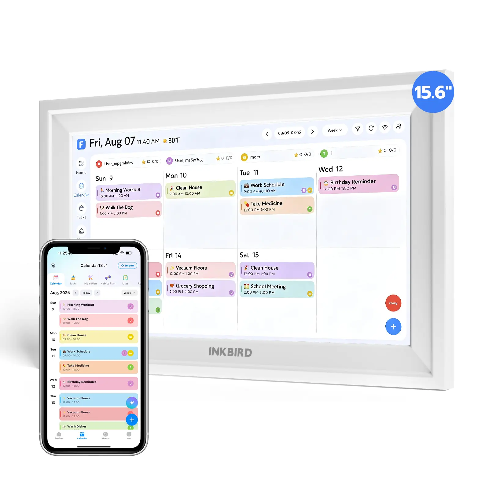 INKBIRD 15.6-Inch WiFi Smart Digital Calendar & Family Chore Chart for Families, Full HD IPS Touchscreen, Dual-Band WiFi Auto Sync, Star Rewards, Habit Plan, Wall Mount & Portrait Display Support, Multi-Platform Compatible