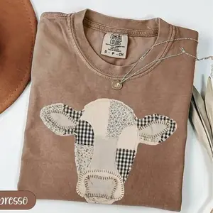 Comfort Colors Patchwork Cow T-Shirt, Quilted Farm Animal Head Tee, Gingham Floral Rustic Cow Lover Shirt, Cottagecore Farmhouse Gift, Printed Shirt