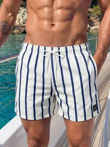 Horizaway Swim Trunks For Men Drawstring Waist Security Pockets Lightweight 4-Way Stretch Letter Patches,Stripes For Resort Casual,Beach VacationWhite Fabric Non-Stretch Lined Beach Shorts,Hawaiian