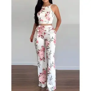 Dress2pcs Women's Elegant Floral Top And Pants Set Fit Suits Pink Womenswear Bottom Print Strap Comfort Trouser GamisEaster SaleSummer Outfits