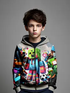 Boys' Fashionable 3D Print Hooded Sweatshirt, Casual Long Sleeve Pullover with Zipper, Spring & Fall Fitted Design, Graphic Team Hoodie