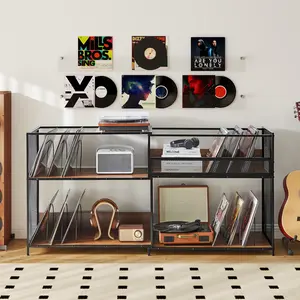 Giratree Large Record Player Stand, Stretchable 32-63 Inch Vinyl Record Storage Cabinet Up to 450 Albums Mid Century Turntable Table Corner Vinyl Storage Display Open Shelf for Living Room Office