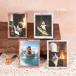 4 Pcs Fun Cat Refrigerator Magnets, Cute Fridge Magnets, Adventure Cat Magnet Set, Home Decor Magnets, Mini Frame Photo Magnets, Perfect Gift for Living Room, Kitchen, Dining Room, Bedroom