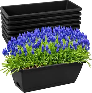 8pcs Window Box Planter,17 Inches Flower Window Boxes,Rectangle Planters Box with Drainage Holes and Trays, Plastic Vegetable Planters for Windowsill Patio Garden Home Decor Porch Yard (Black)