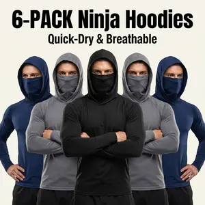 6-piece set men's outdoor work sun protection clothing with sun-blocking hoodie, featuring built-in face mask and neck guard, breathable long-sleeve hoodie