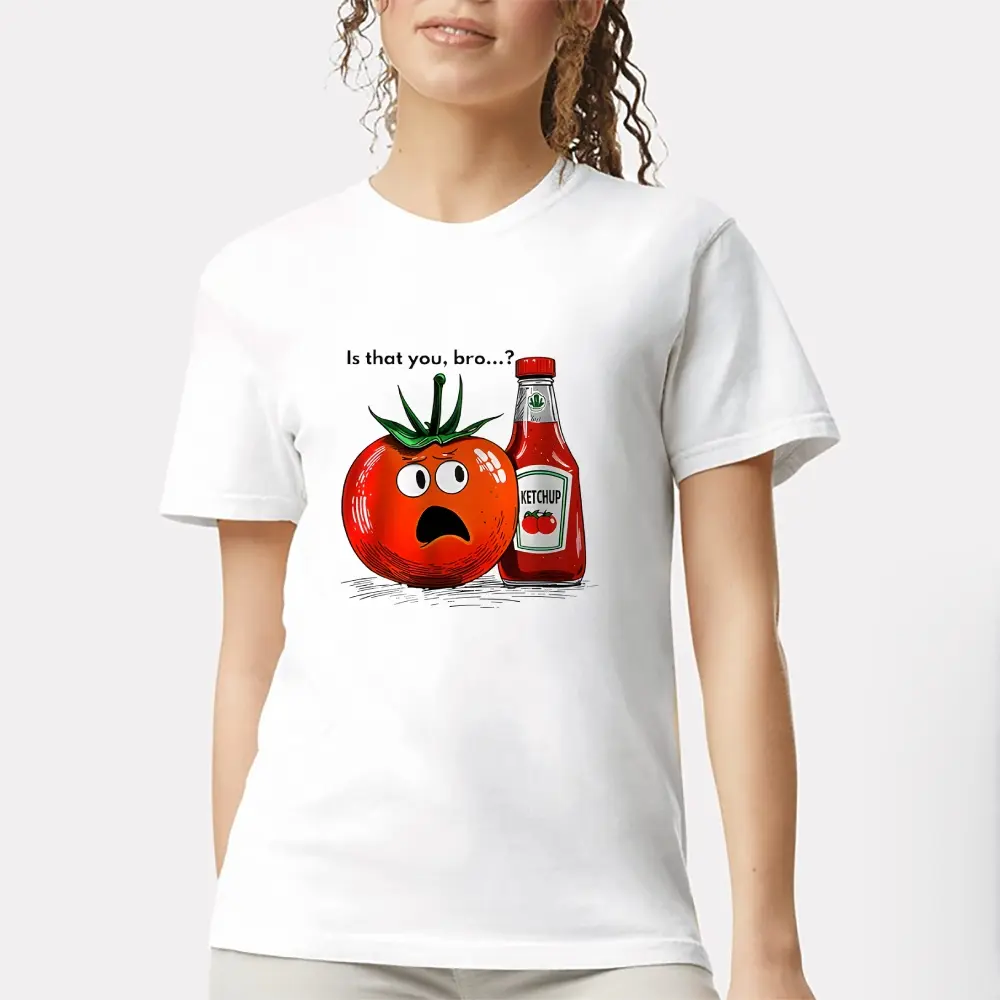 Women Crew Neck Short Sleeve T-Shirt, Funny Cartoon Tomato And Ketchup Bottle "Is That You Bro" Graphic Casual Humor Tee