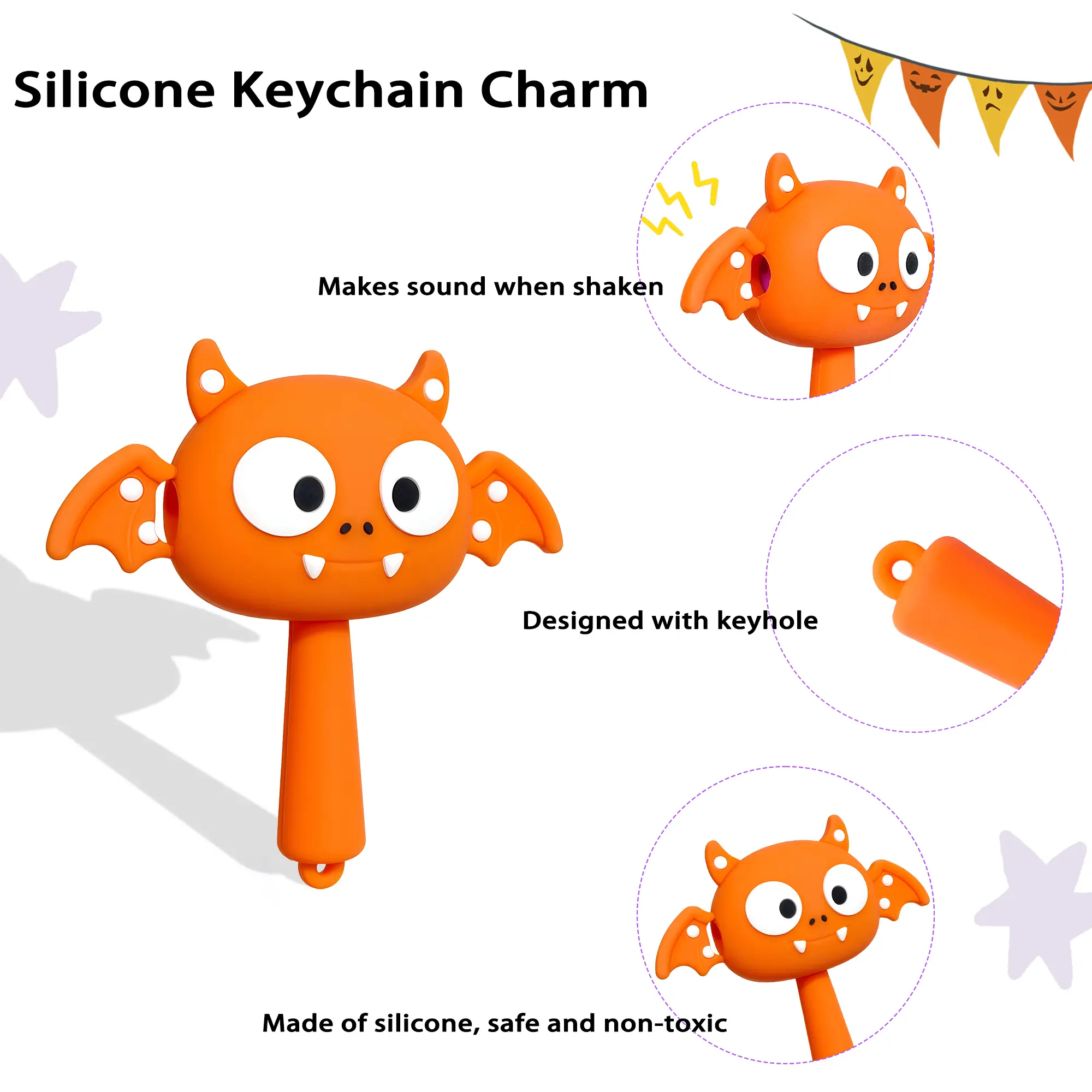 Cute Halloween Silicone Keychain, Squeaky Bat Monster Charm Gift for Kids and Adults, Backpack Bag Accessories
