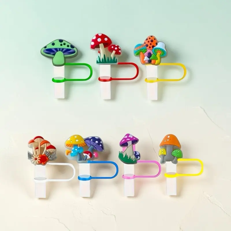 7 PC Glow in the Dark Mushroom Straw Toppers Silicone Drinkware Accessories for Fun and Stylish Beverages