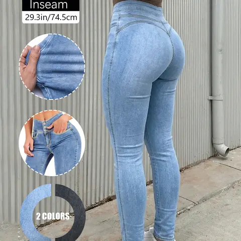 Women's High-Waisted Stretchy Skinny Denim Jeans - Light Blue Stretch Cotton Denim Look, Tummy Control, Minimalist Casual Evening Wear, Premium Elastic Comfort Fit Pants
