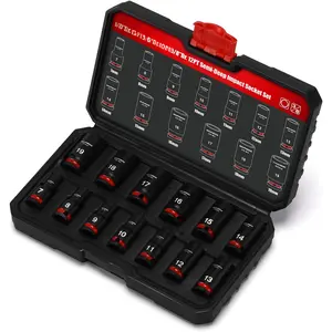13 count 3/8'' Drive Semi-Deep Impact Socket Set,12 Point,Metric,7-19mm,CR-MO,Axle Nut Impact Grade Socket for Easy Removal
