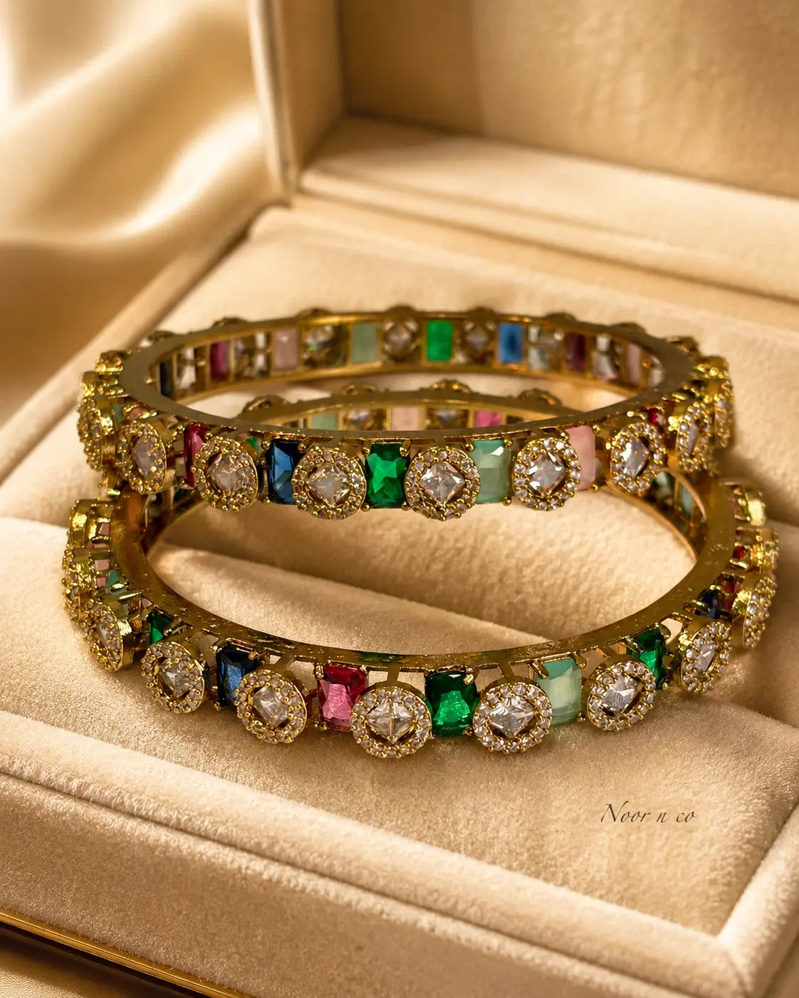 Multicolor CZ Gold Tone Bangle Set, Size 2.10, Stackable Pakistani Indian Bridal Bangles for Women, Wedding Mehndi Eid Party Jewelry