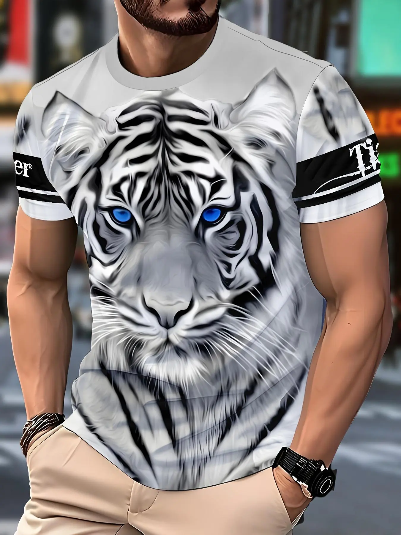 Men's Tiger Print T-Shirt, Casual Streetwear Round Neck Short Sleeve Top, with Accents, Fitted Polyester Blend Tee for All Seasons, Casual Graphic Tee, Menswear