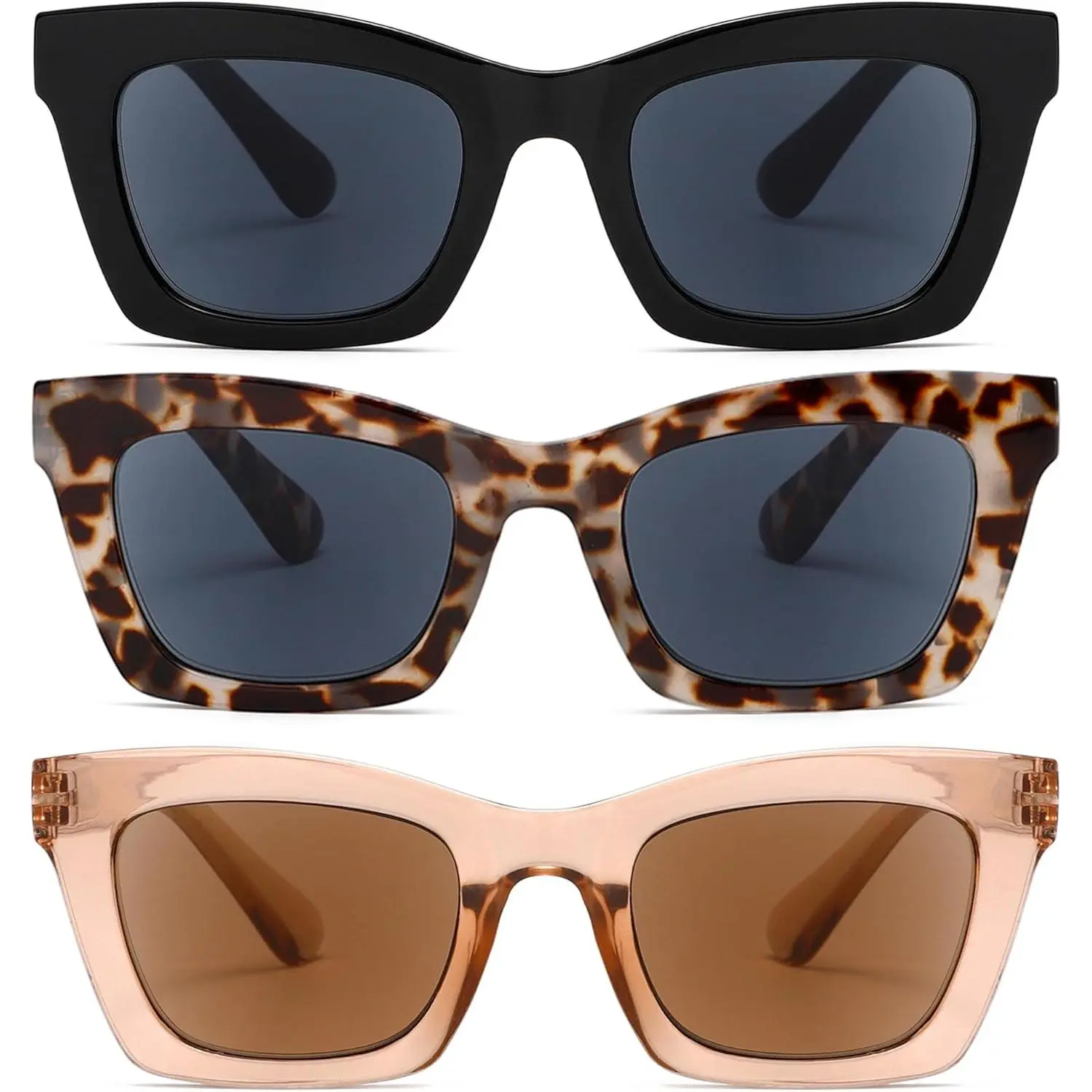 Women's 3-Pack Fashion UV Protection Lens Sunnies - UV400 Full Lens Outdoor Readers for Female, Outdoor Enthusiasts, Narrow and Wide Faces, Spring Hinges, Oversized Casual Trendy Statement Frames