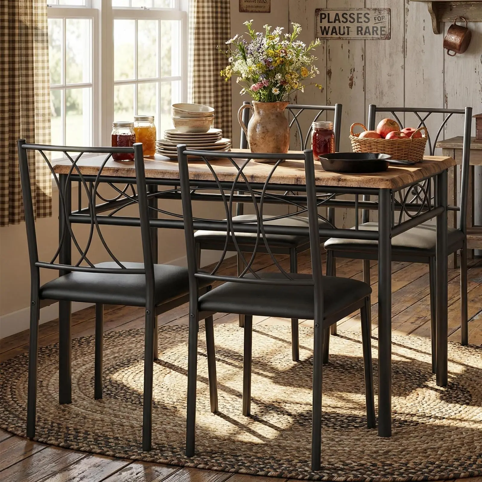 Garvee 5-Piece Dining Table Set for 4, Rectangular Space-Saving Rustic Brown/Gray Kitchen Table with Upholstered Wood Chairs, Ideal for Small Apartments, Compact Dining Rooms