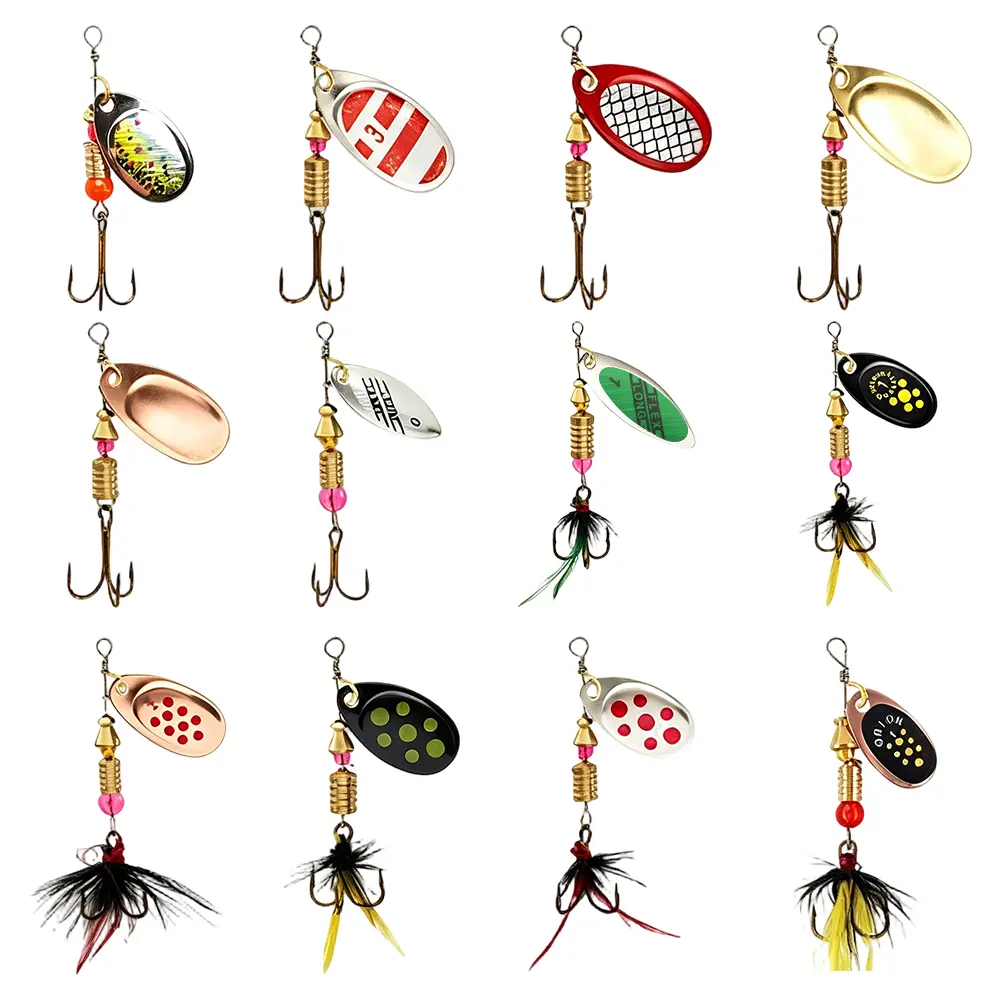 12-Pack Fishing Lure Spinner Baits with Feathered Treble Hooks, Rooster Tail & Spoon Lures, Tackle Box Included for Bass, Salmon Fishing
