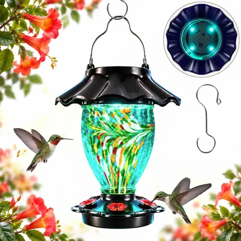 Hand Blown Glass Solar Hummingbird Feeder with Color Changing Glow, Leak Proof 5 Port Design for Garden Patio Yard Decor, Perfect Gift for Bird Lovers