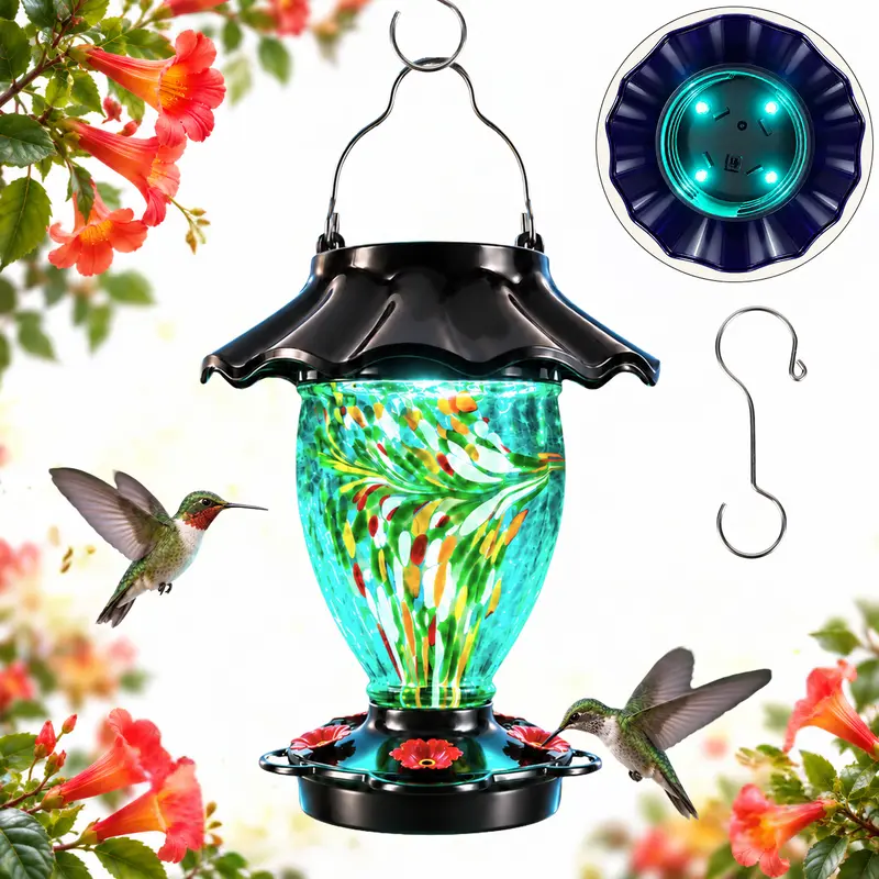 Hand Blown Glass Solar Hummingbird Feeder with Color Changing Glow, Leak Proof 5 Port Design for Garden Patio Yard Decor, Perfect Gift for Bird Lovers